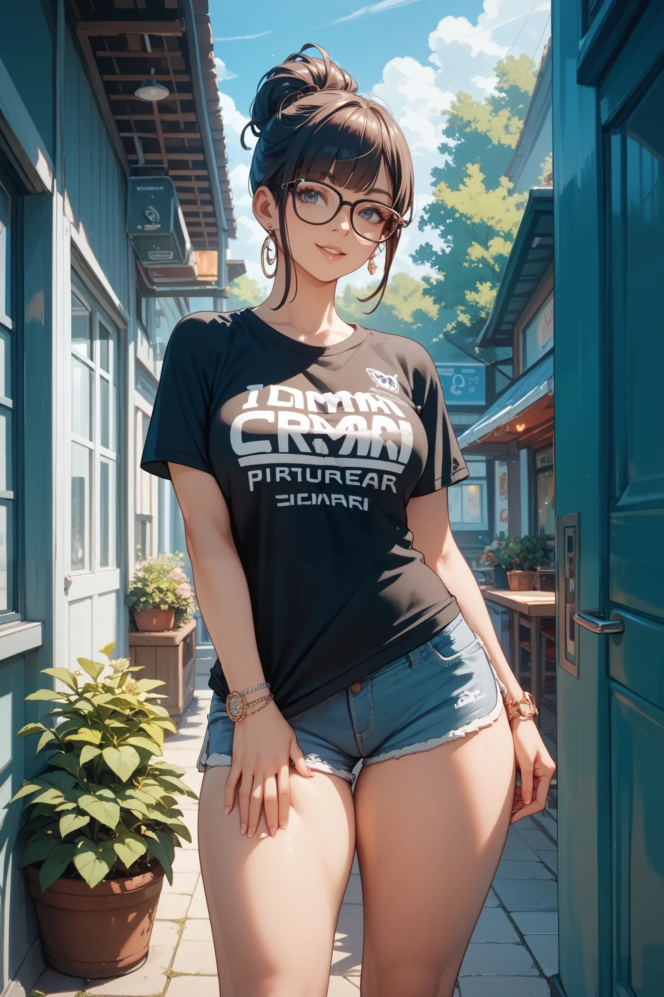 110cm tall girl with T-cup glasses、I'm wearing T-shirts and shorts that show cleavage