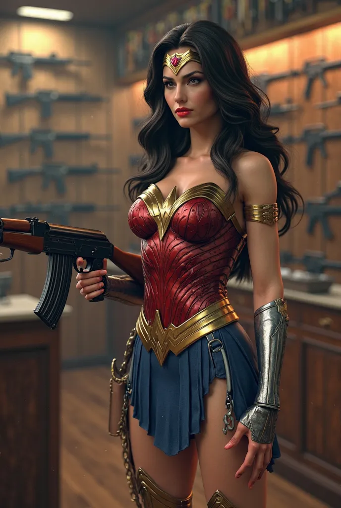 A highly detailed 3D-rendered scene featuring Wonder Woman inside a weapons store, purchasing an AK-47. She is wearing her iconic red and gold armor, blue skirt, knee-high boots, and golden tiara. Her long, wavy hair flows naturally as she stands with a ca...