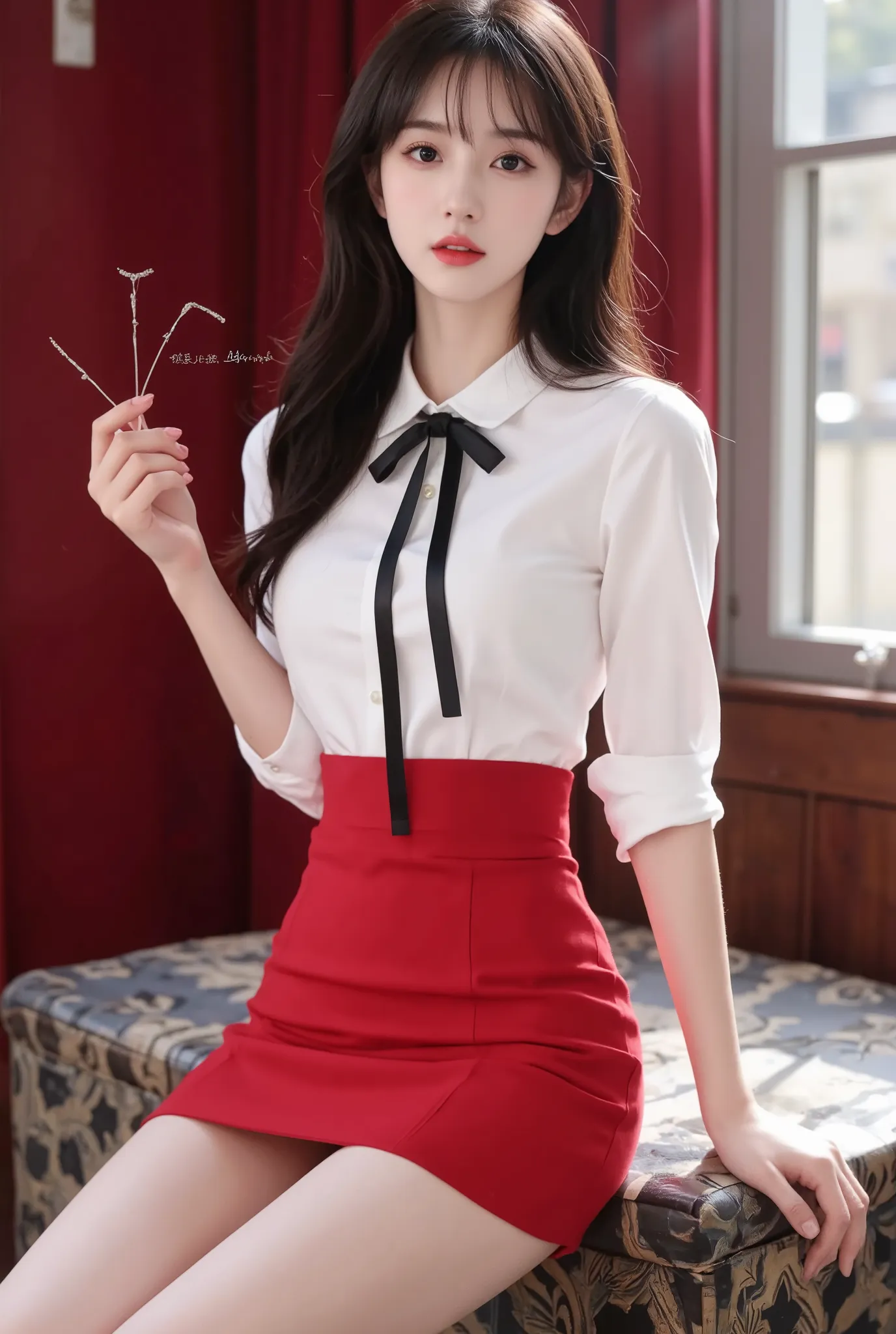  masterpiece, high resolution, High quality,  extremely detailed, red miniskirt,  black ribbon, white shirt,