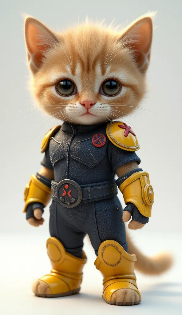 A baby anthropomorphic brown kitten with short, spiky blonde hair, wearing a tight dark blue uniform covering the entire body, featuring reinforced yellow shoulder pads, short sleeves with yellow cuffs, and high yellow boots reaching the knees. The outfit ...