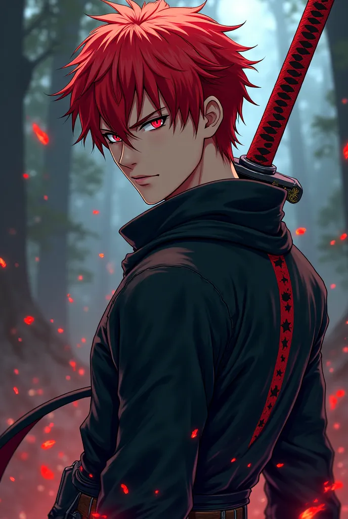 A male anime character with red hair, red eyes, ninja clothes and a legendary sword