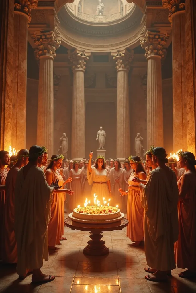 Ancient Greek devotees, gathered in a grand temple illuminated by torches, Ancient Greece, wearing flowing tunics and laurel wreaths, inside a majestic marble temple with tall columns, solemnly honoring Artemis around a round cake glowing with candlelight,...