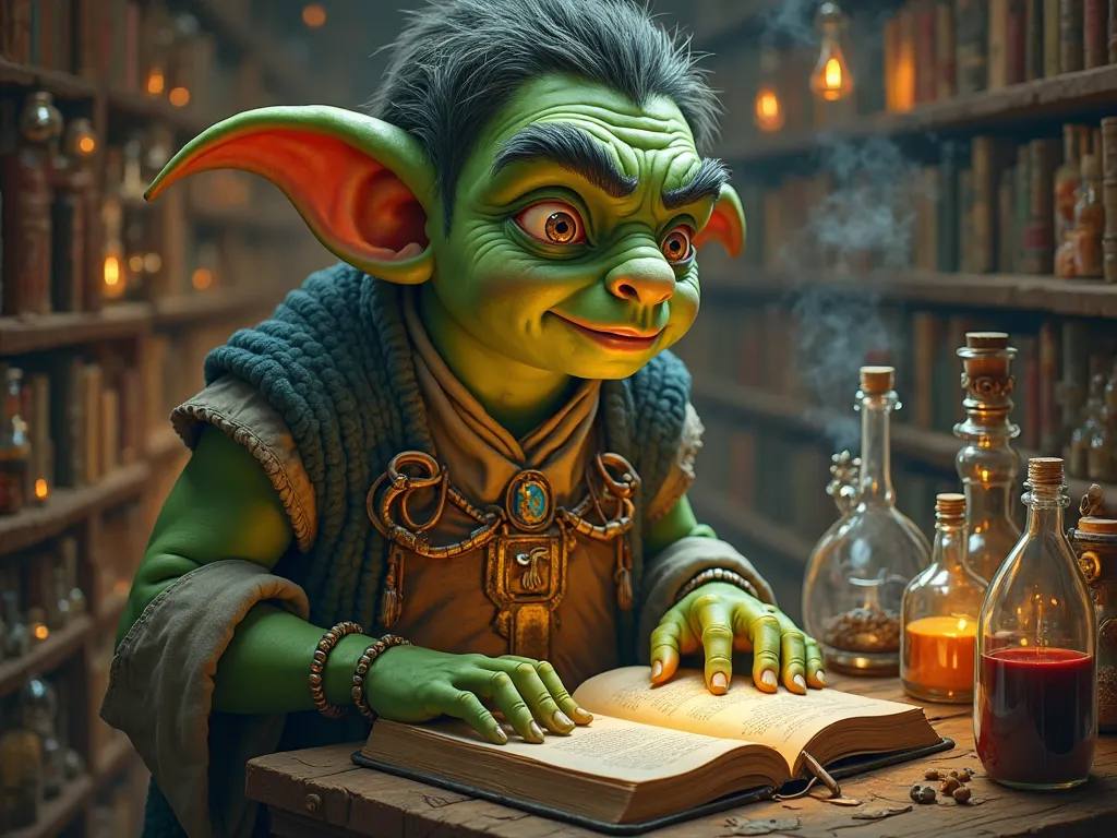  boy , young, goblin, green skin , Fat , Alchemy , potions , Bookstore, Alembic