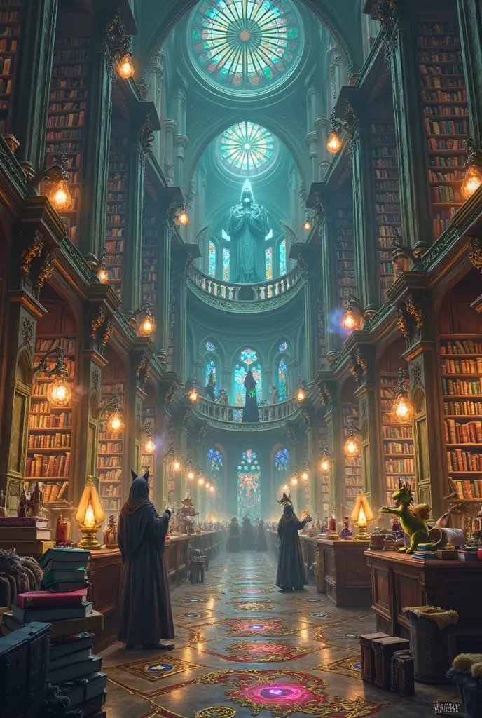 A grand magical library, filled with thousands of books stacked high on towering shelves, some floating in mid-air. The library is illuminated by enchanted chandeliers and glowing orbs. Mysterious robed wizards, curious young apprentices, and mischievous m...