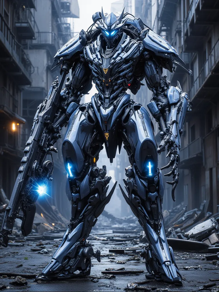 "A futuristic battle robot, heavily armored with advanced energy weapons, glowing blue lights, and a sleek metallic design, standing in a war-torn cityscape."