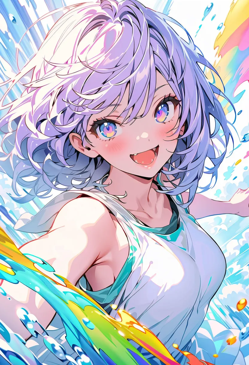 (masterpiece, Highest quality, Official Art:1.2), (colorful), Perfect Anatomy, Looking at the audience, One Girl, alone, White Background, floating colorful water, Ultra-fine illustrations, highly detailed, Dynamic Angle, beautiful detailed, 8K, break smil...