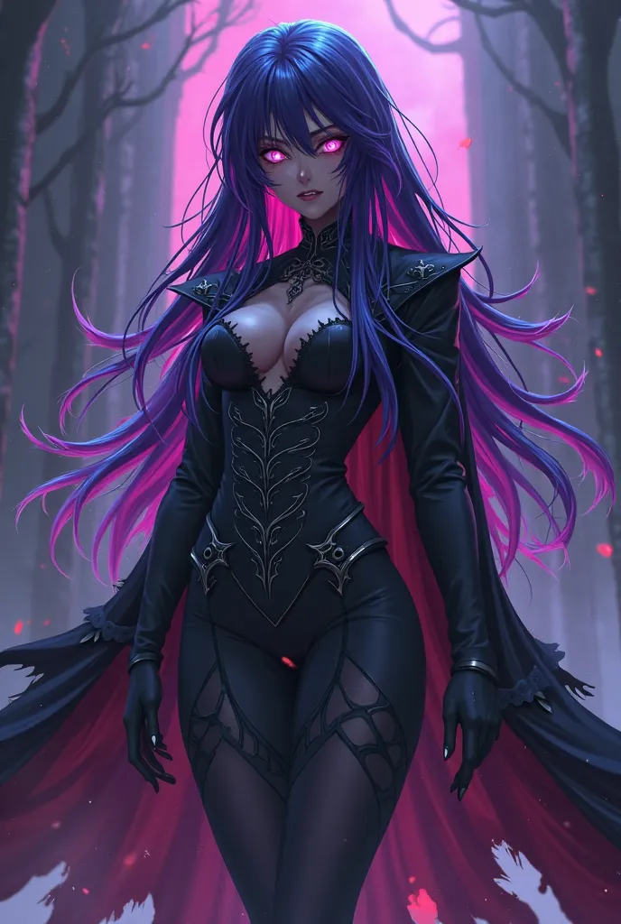 anime womam - A terrifying villain with dark skin and piercing purple eyes that glow with a sinister intensity. Her long, wild hair is a striking mix of deep violet, streaked with electrifying pink and blue highlights that shimmer like living flames. The c...