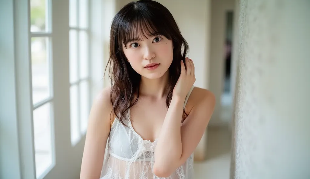 1 girl、(nsfw:1.5)、((blue translucent lace bra))、( staring at the camera)、  beautiful Japanese model、(( blush:1.4、 is embarrassing:1.5、 nervous:1.5))、((  small, flat chest :1.5))、It looks great 、(( face being sucked ))、(  RAW photos 、top quality)、(reality、r...