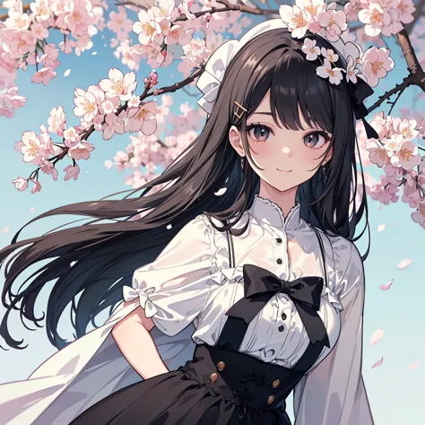 １ under a cherry tree , cherry blossoms in full bloom,  hairpins, cute, 
High Tea Dress , Blue Bow , viewers, 
(solo:1.1), 
(One Girl:1.2), ( detailed and perfect long black hair :1.2), ( detailed and perfect long black eyes :1.2), (Whitening:1.2), 
( heig...