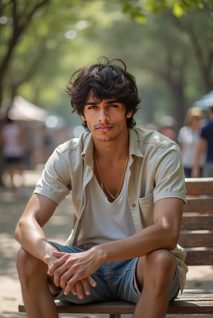 A young Brazilian with black hair, with a casual and authentic style, sitting in a tree-lined square. He wears a light shirt, maybe tank top or cotton, combined with shorts, jeans or sweatshirts and a pair of slippers or simple sneakers, typical of everyda...