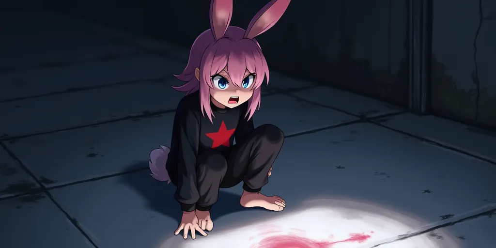 Anime boy with slightly long pink hair, rabbit ears, sharp blue eyes, black shirt with red star, black pants, cold and angry expression
He looks at his shadow on the ground which looks evil
The background is a mix of darkness and very dim light and the pla...