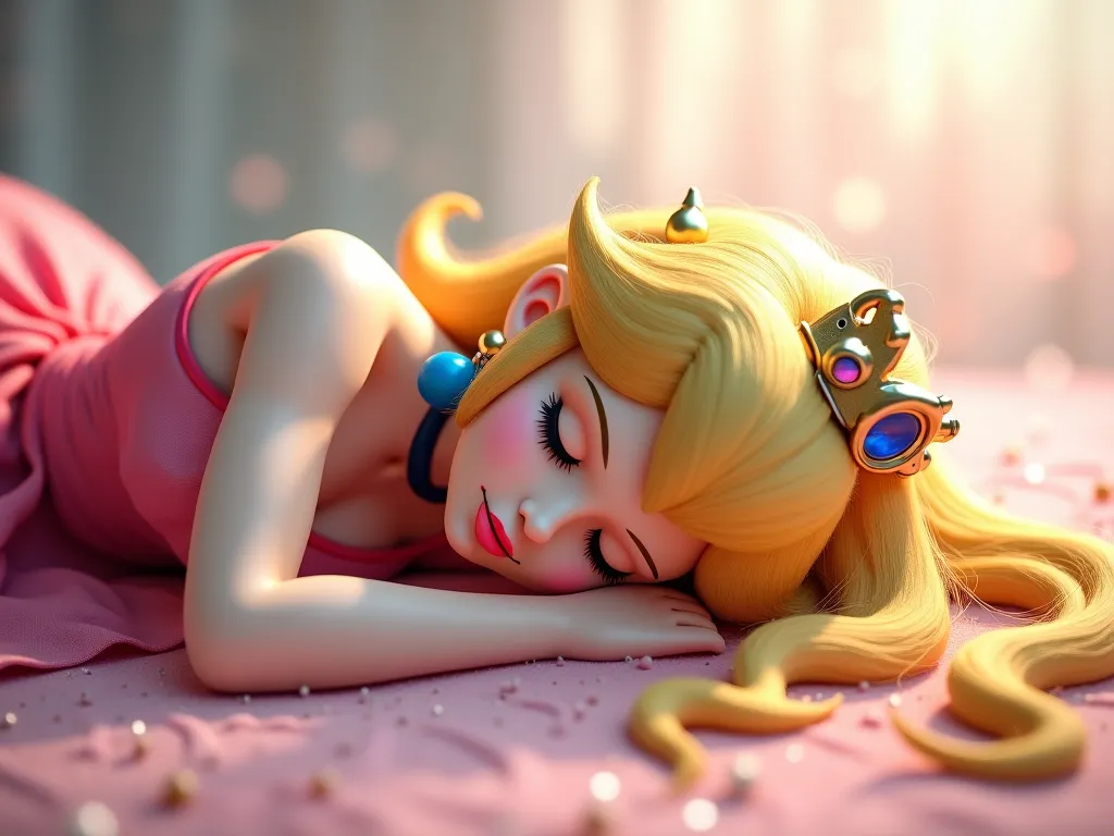 Princess Peach with a ponytail laying on the floor prone on her stomach.