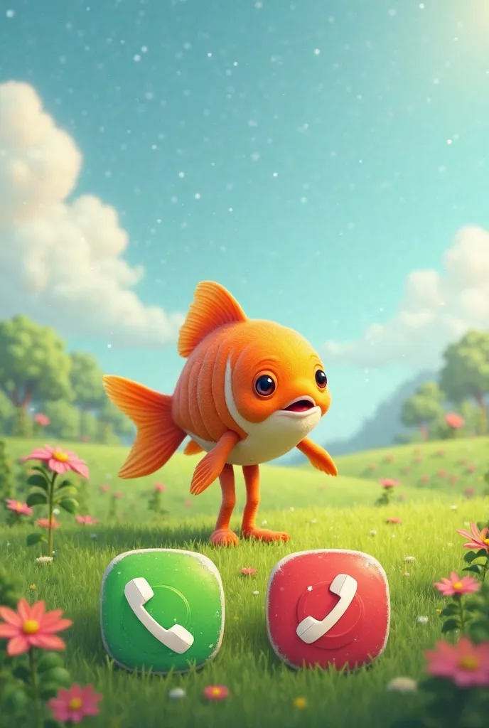 In a green field with blue sky, Generate a friend of an orange fish with human legs, on each side at the bottom put two buttons, one green and the other red, the buttons must have a telephone symbol in the center of them