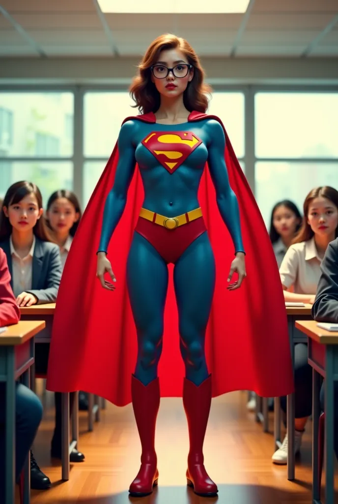 A 3d animated video of a college female student with blue eyes and glasses stands up during class, dramatically transforming into a SUPERMAN as she drinks a red bull energy drink emphasizing the surreal nature of her 1980 superman suit. Her expression is o...