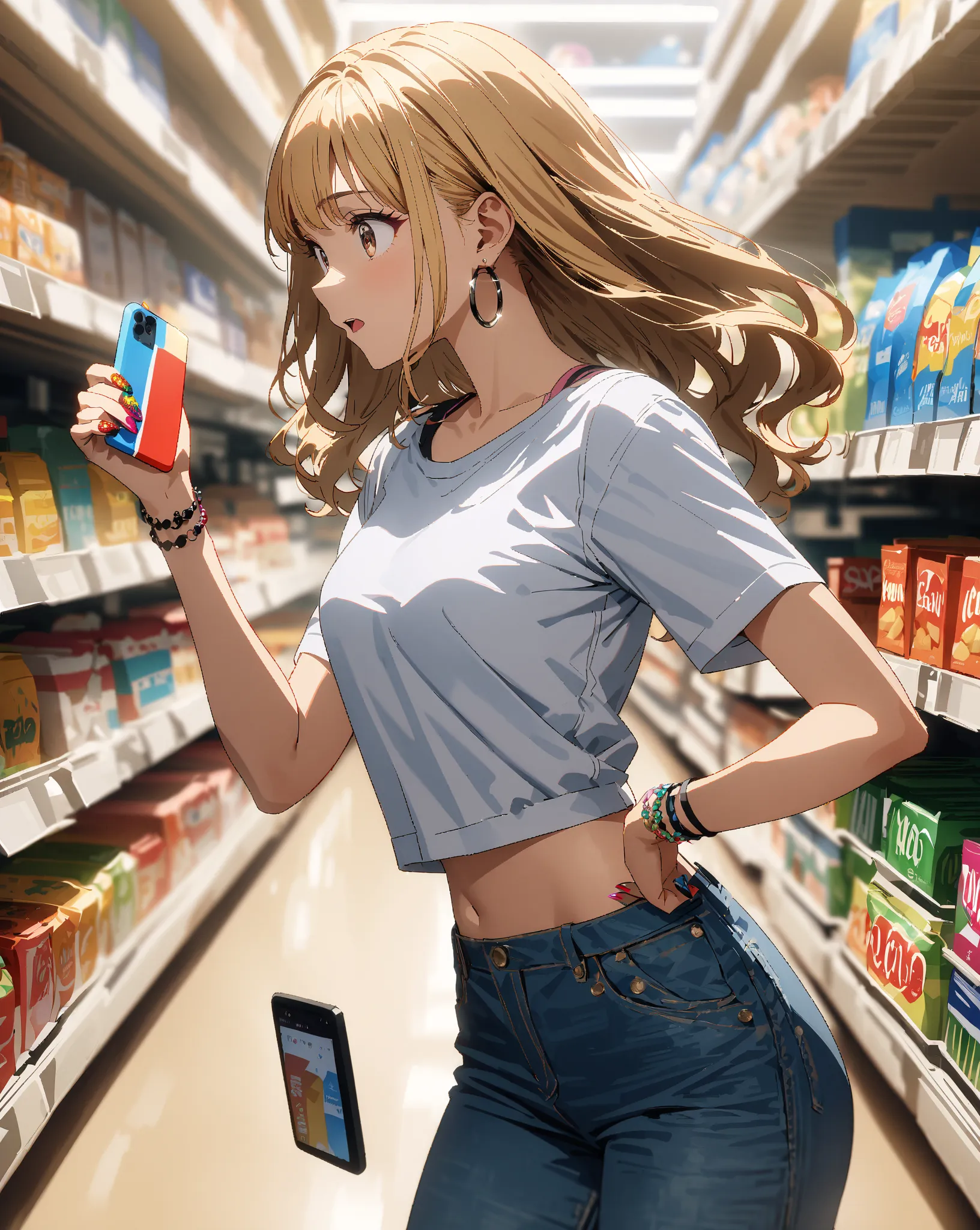 top quality, ultra high detail, high resolution, masterpiece, 8K, one girl, solo, anime style, side view, gyaru-style young mother, long wavy blonde hair, flashy makeup, dramatic false eyelashes, deep brown eyes, stylish hoop earrings, wearing a tight crop...