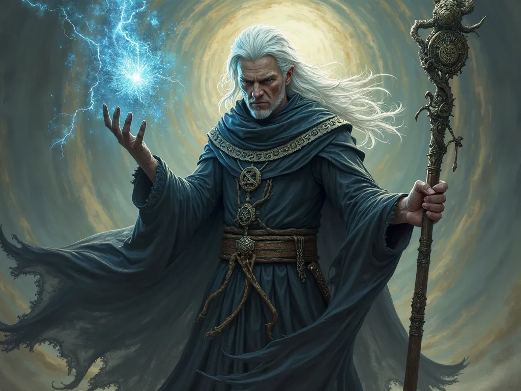 Create a photo of a gorgeous white-haired sexy wizard dark wizard using a staff