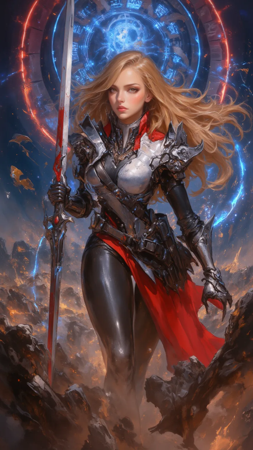 full body, Female Knight， art ，sci-fi，future，weapons，sexy，long golden hair，Wayne Reynolds draws，in a highly detailed and dynamic style, Luminescence，Battle Screen