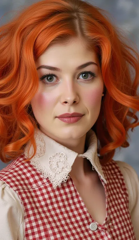 woman, dressed as a ragdoll, red and white checked dress with rid fringe, bright red extremely curly big hair, white tights, black shoes, rosy cheeks., Looking Directly At The Viewer, Looking Directly At The Camera, Making Eye Contact, Looking Straight Ahe...