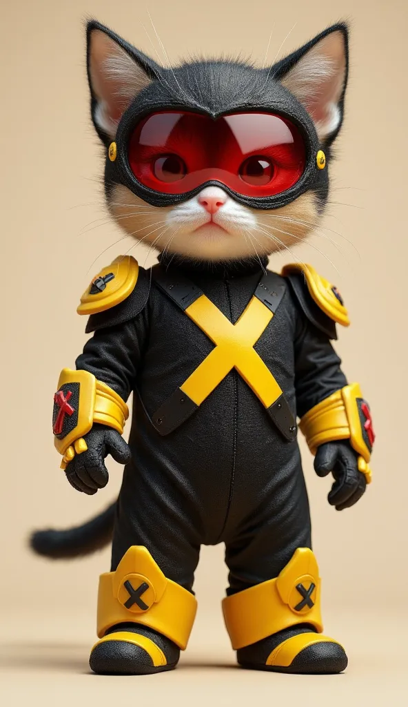 A baby anthropomorphic kitten wearing a tight black uniform covering the entire body, featuring a large yellow 'X' on the chest with its legs extending over the shoulders and down the sides to the waist. The outfit has reinforced yellow shoulder pads, a re...