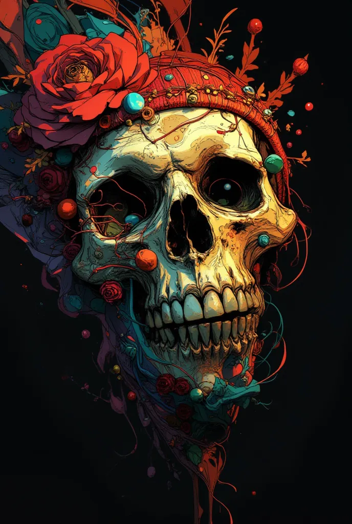 ((RAW photo),  absurd, (absurd resolution)), masterpiece, best quality, (Extremely detailed 8k unit CG wallpaper), (best illustration), ( best shade ), Realistic lighting, detailed and beautiful brightness,))) ((( a smiling skull painted with random colors...