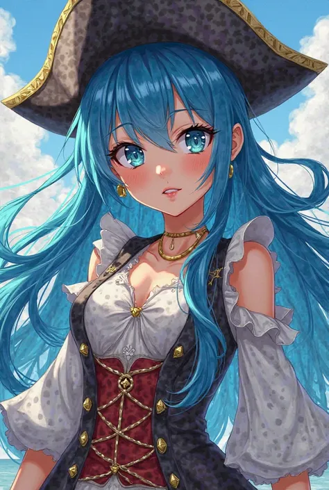 Anime,Girl long blue hair, pirate outfit