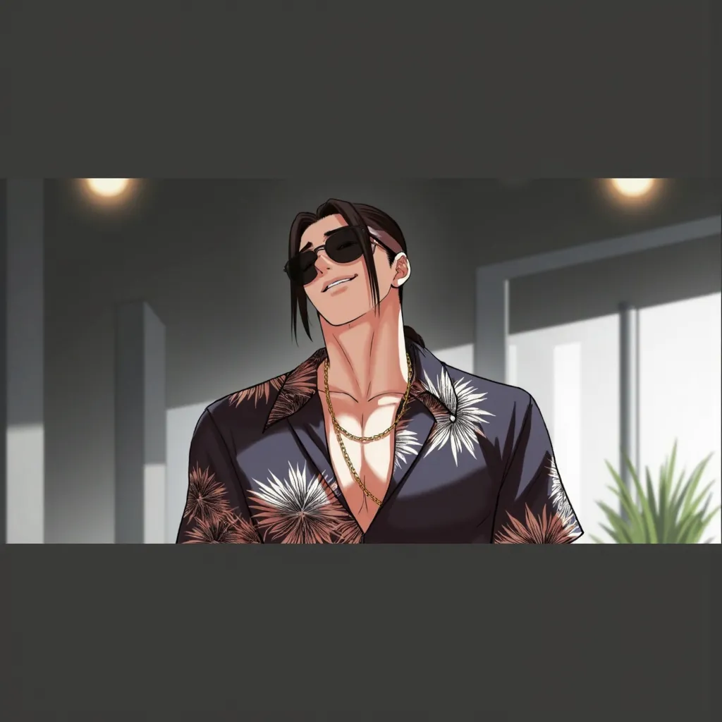 Inner scene "look" Manga with a tall male character, good figure, hair open on the back. Sharp angular facial features. , Elegant tall male figure,  , sweet face, Hawaiian shirt, shorts, tight dark clothing, Confident and relaxed posture, strong jawline, i...