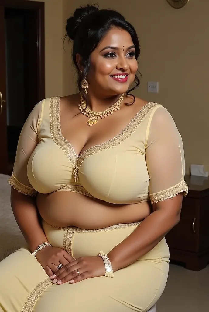  married indian women looking at the viewer, wearing black transparent night gown , big Fat ass,wide hips,Big thighs, scooped Big breast, Voluptuous Body,fat wide ass ,messy bun, lipstic, smiling face,strap high heels, Jewellery, sitting on a small stool i...