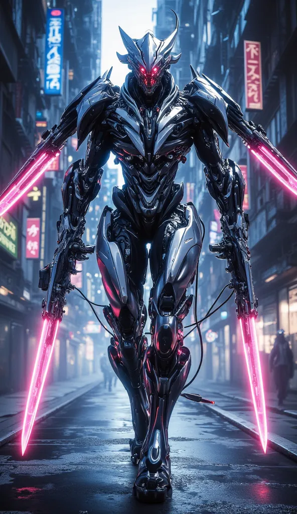 "A sleek and agile robotic assassin, armed with retractable energy blades and shoulder-mounted plasma rifles, moving stealthily through a neon-lit cyberpunk city."