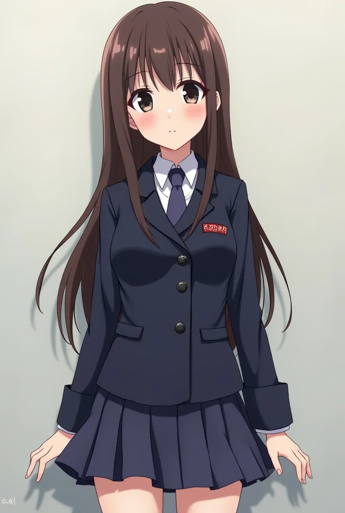 Anime girl long straight brown hair with straight bangs, elongated dark black eyes  , dressed in the uniform asymmetric dark blue short jacket with high collar ,and two swirl buttons on the left side , and a short knee-length skirt matching the Tokyo Metro...