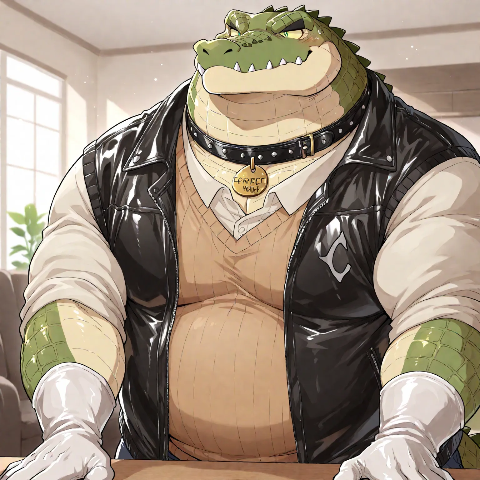 Crocodile, Anthro(Crocodile),Chubby,(Black eyebrows:1.1),(Perfect eyes),Smooth Skin，（artist:Takemoto Arashi），Living Room background，claw，（Sweater-vest:1.3）。Wearing a Leather collar around his neck. Wearing fancy white gloves on his hands, fancy white rubbe...