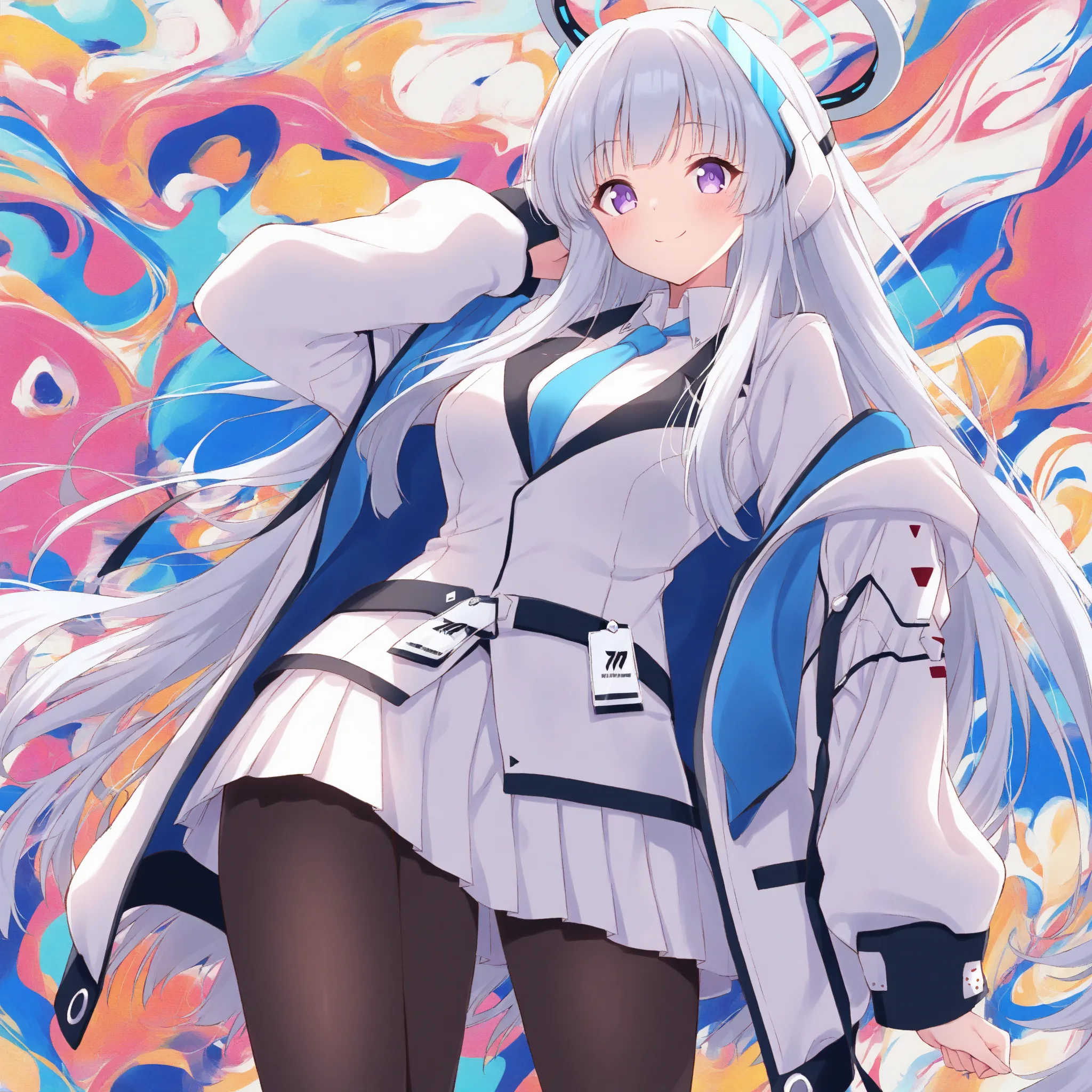 masterpiece, best quality, anime, 2d, 1girl, purple eyes, very long hair, mechanical halo, white jacket, open jacket,  collared white shirt, white suit, blue necktie, white skirt, black pantyhose, headphones,  cowboy shot, abstract, absurdres, incredibly a...