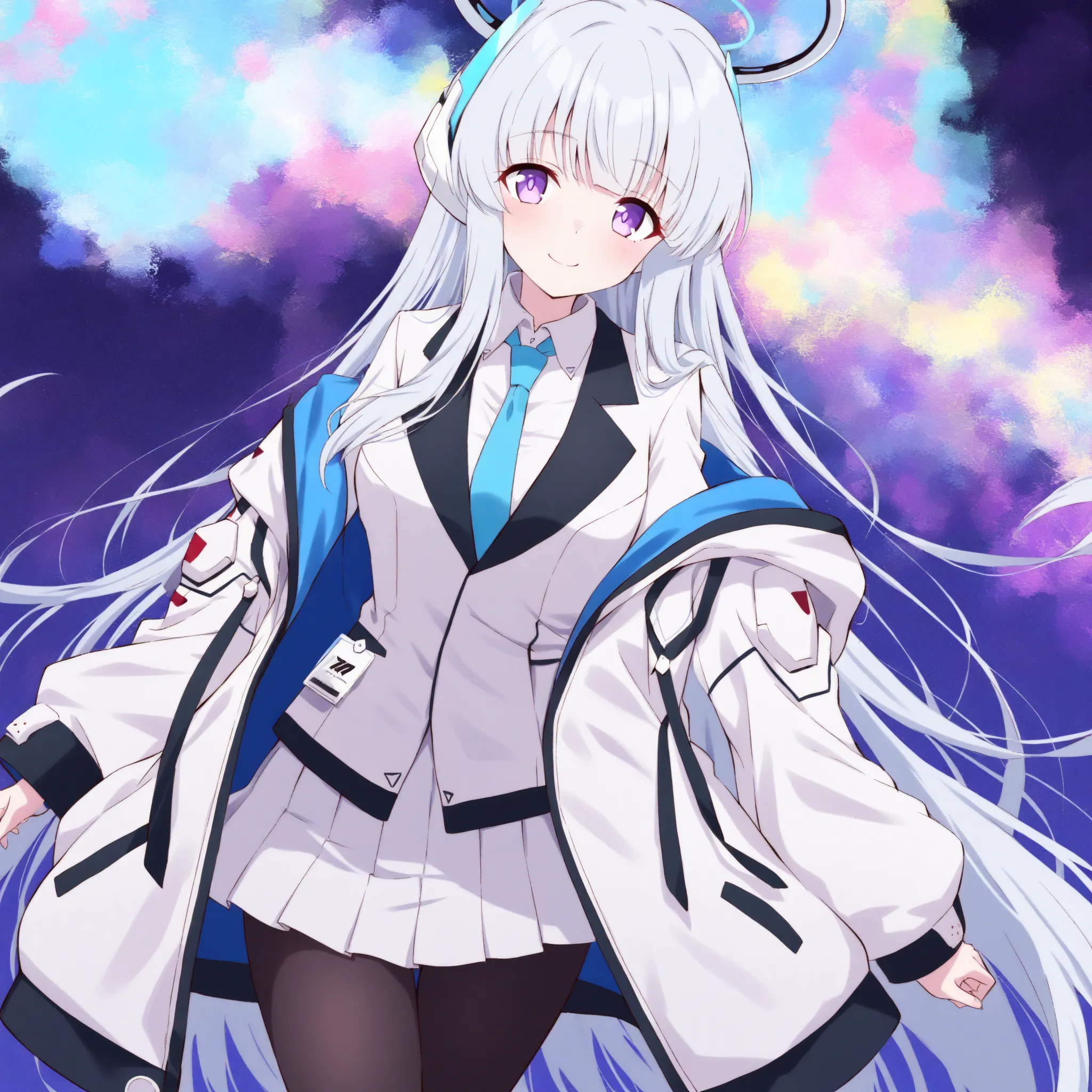 masterpiece, best quality, anime, 2d, 1girl, purple eyes, very long hair, mechanical halo, white jacket, open jacket,  collared white shirt, white suit, blue necktie, white skirt, black pantyhose, headphones,  cowboy shot, abstract, absurdres, incredibly a...