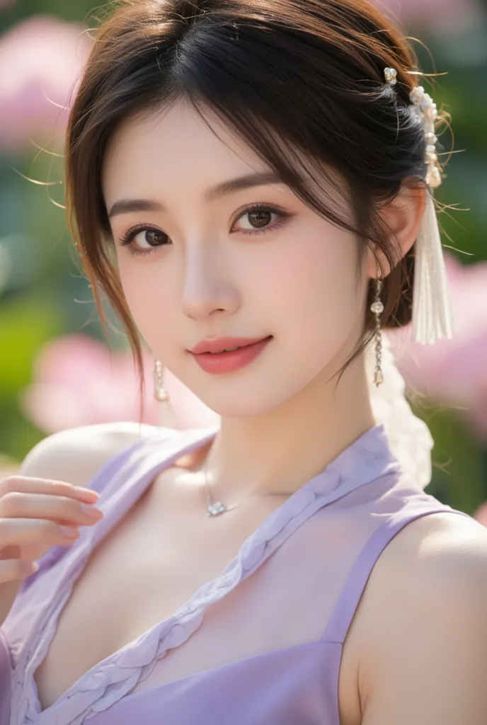 Excellent quality ,  masterpiece, High Resolutiexist, 1 Girl, blush, (Seductive Smile: 0.8), Star Student, Chinese Hanfu light purple , Hair accessories,  necklace, Jewelry, beauty, exist_ body, Tyndell effect,  realism, Lotus Pexistd, Light Edge, Two-texi...