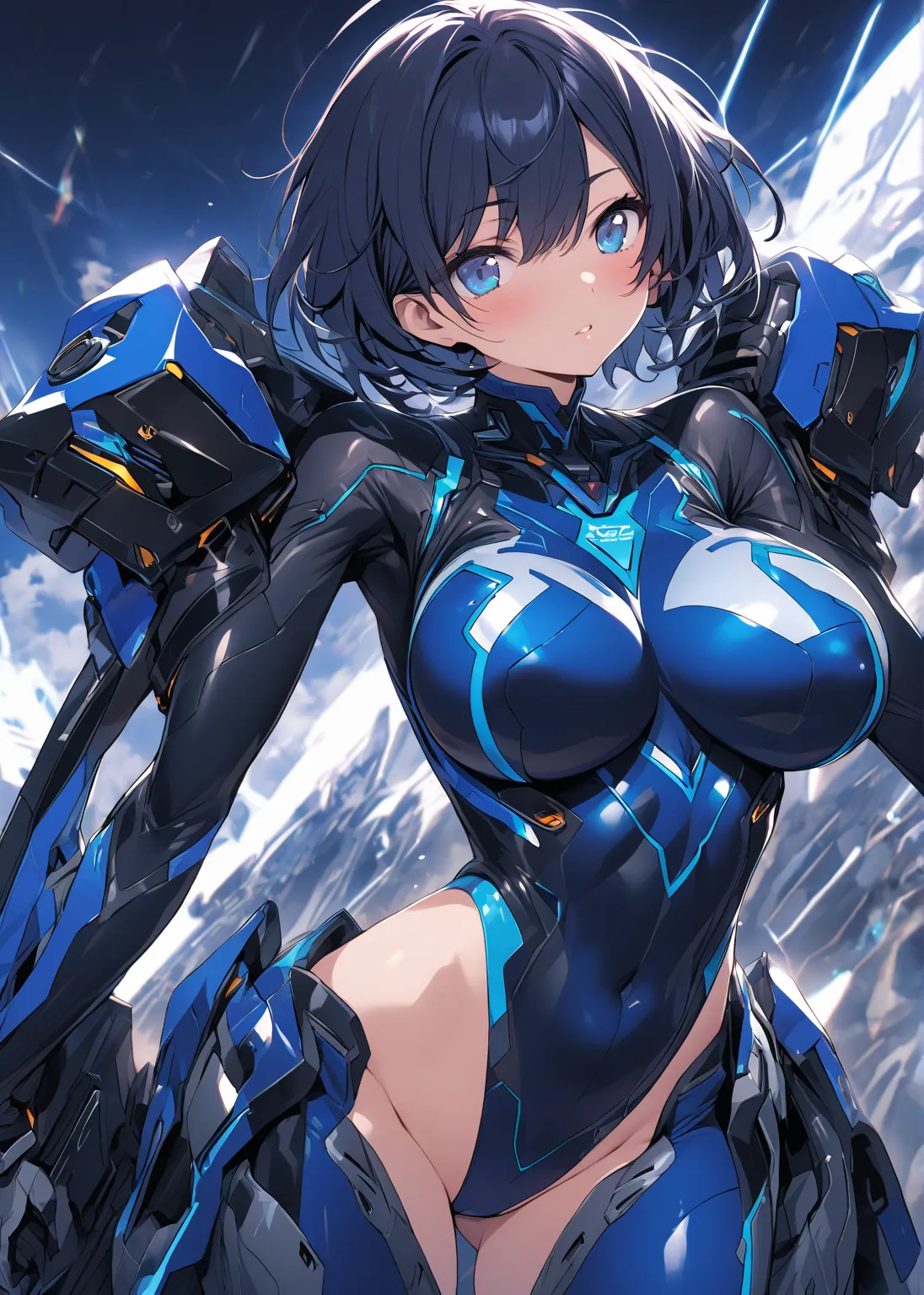 dark blue hair　short hair　blue and metallic blue futuristic suit　　Groin　leotard　big breasts　blue eyes　solo　Previous