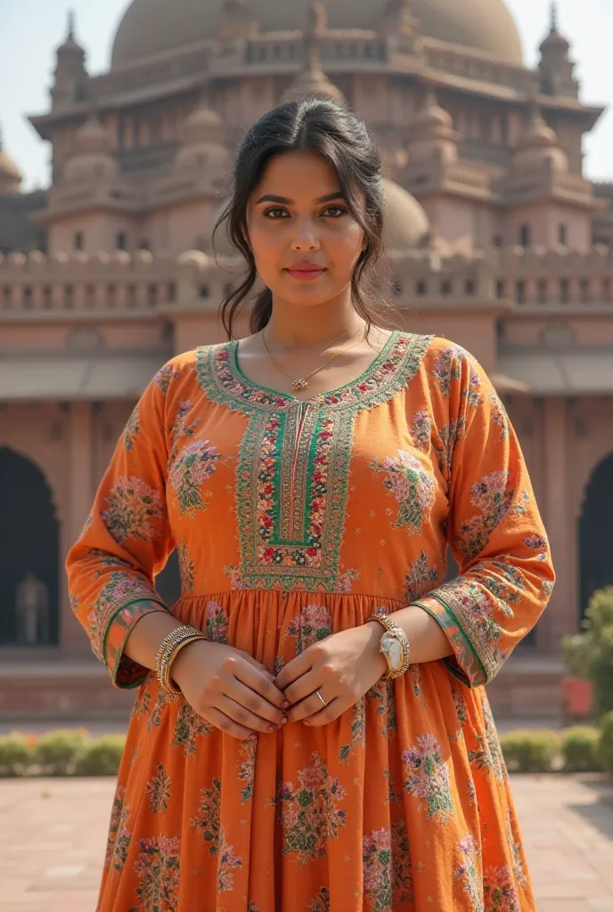 Afrin Momo
A Indian beautiful woman sexy curvy plus size model wearing vibrant Kameez with Kutch Embroidery with Phad Print facing to camera in standing position, curvy plus size figure, big m-cup breasts, side bun hairstyle, bright eyes, thin eyebrows, fa...