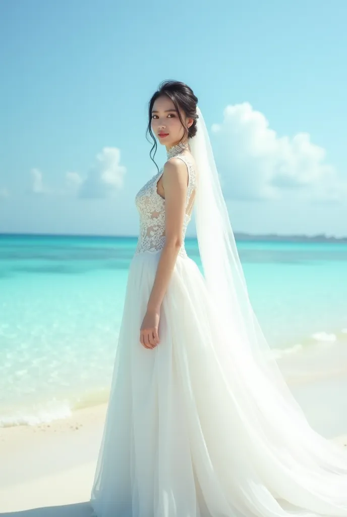 Photo of Asian bride taken alone on the shores of beautiful white sand blue border
