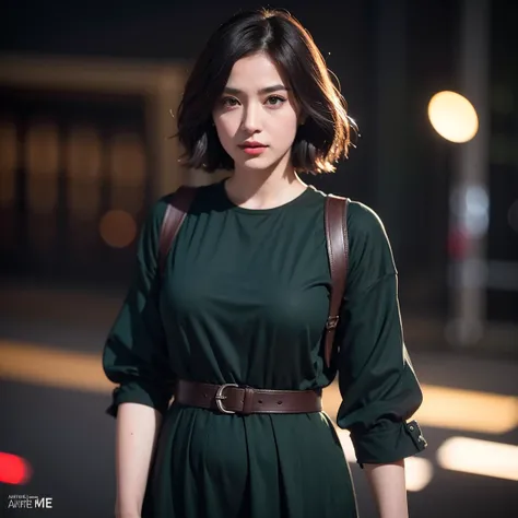 cinematic photography professional photography, create an image of a beautiful young woman of 26 years old in the city night, dark green eyes, brown hair, Pixie haircut, walking toward, sadly moments, dressed in a black dress, headshot n-4 f1.8 hd wallpape...