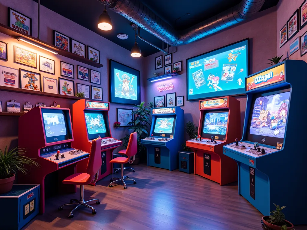 , designed a 90s-2000s technology and gaming exhibit space featuring (Arcade Machines) Playstation 1, Nintendo 64, Game Boy and a thick old computer, featuring classic game projectors such as Mario, Street Fighter, Pokémon with a lounge chair and a large k...