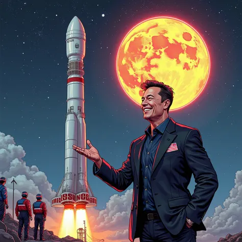 A futuristic, comic book-style illustration featuring Elon Musk standing in front of a towering SpaceX rocket, but instead of a SpaceX logo, it proudly displays a massive glowing $MIA emblem. Elon, dressed in a sleek black suit with an American flag pin, s...