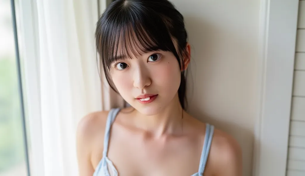 1 girl、(nsfw:1.5)、((blue translucent lace bra))、( staring at the camera)、  beautiful Japanese model、(( blush:1.4、 is embarrassing:1.5、 nervous:1.5))、((  small, flat chest :1.5))、It looks great 、(( face being sucked、Tongue out、 double teeth ))、(  RAW photos...