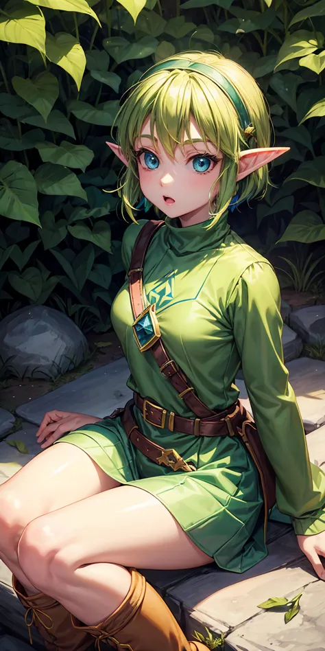 saria(The Legend of Zelda: Ocarina of Time), , small breasts, blue eyes,  yellow-green hair, short hair, green hairband, elf ears, green turtleneck sweater, yellow-green clothes, green long boots, fairy, green belt, brown ocarina, 