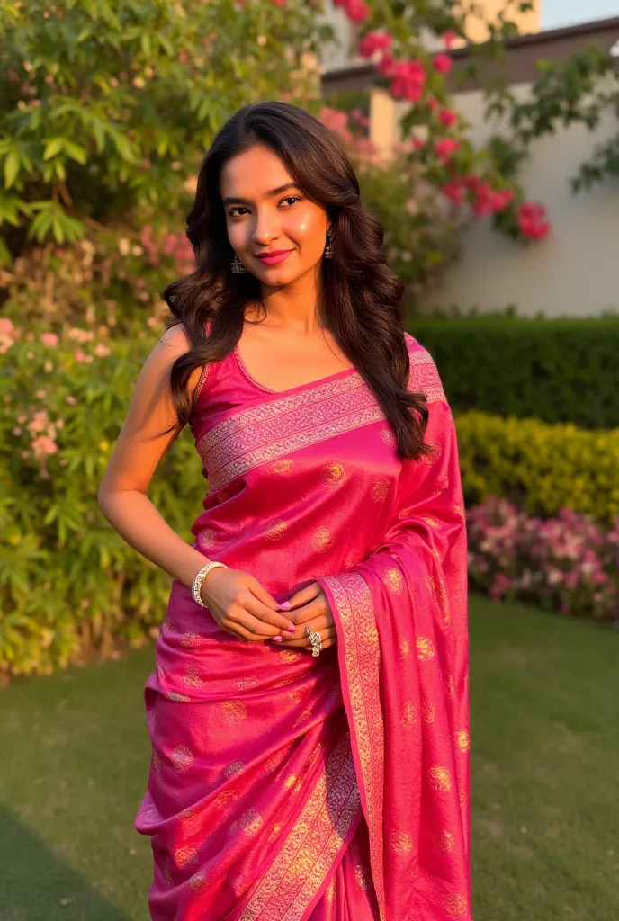 A young, slender Indian woman of 20-24 years, with dark, expressive eyes and a warm smile, stands gracefully in a vibrant pink silk saree, intricately adorned with gold zari embroidery.  Her posture is relaxed yet elegant, one hand gently resting on her hi...