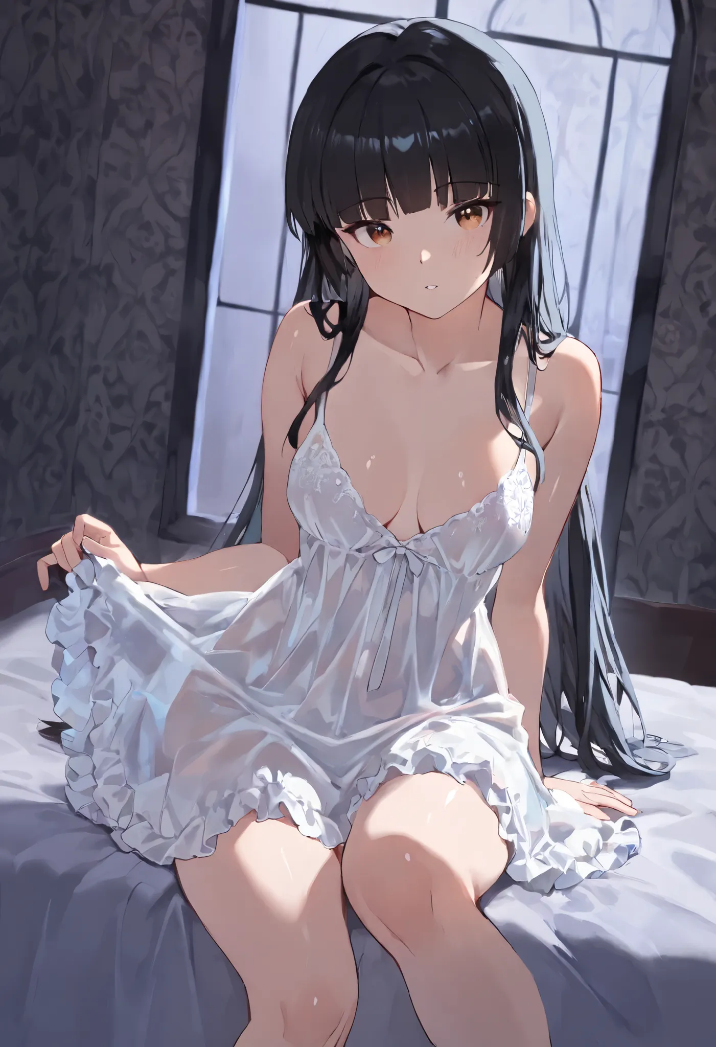 (High resolution, accurate, Best Quality, Anatomically correct, masterpiece,16k, Wallpaper), 1girl, dark bedroom at night, mysterious light coming through the window, sit on the bed, black long hair, hime_cut, medium breast, wearing a white see-through cam...