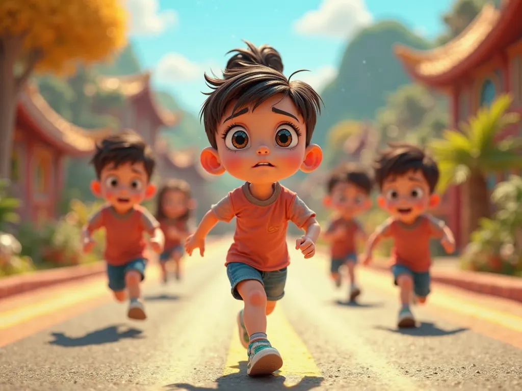 A girl was walking fear on the road, who is 30 years old, 5 boys were chasing behind the girl. ,3D cartoon animation