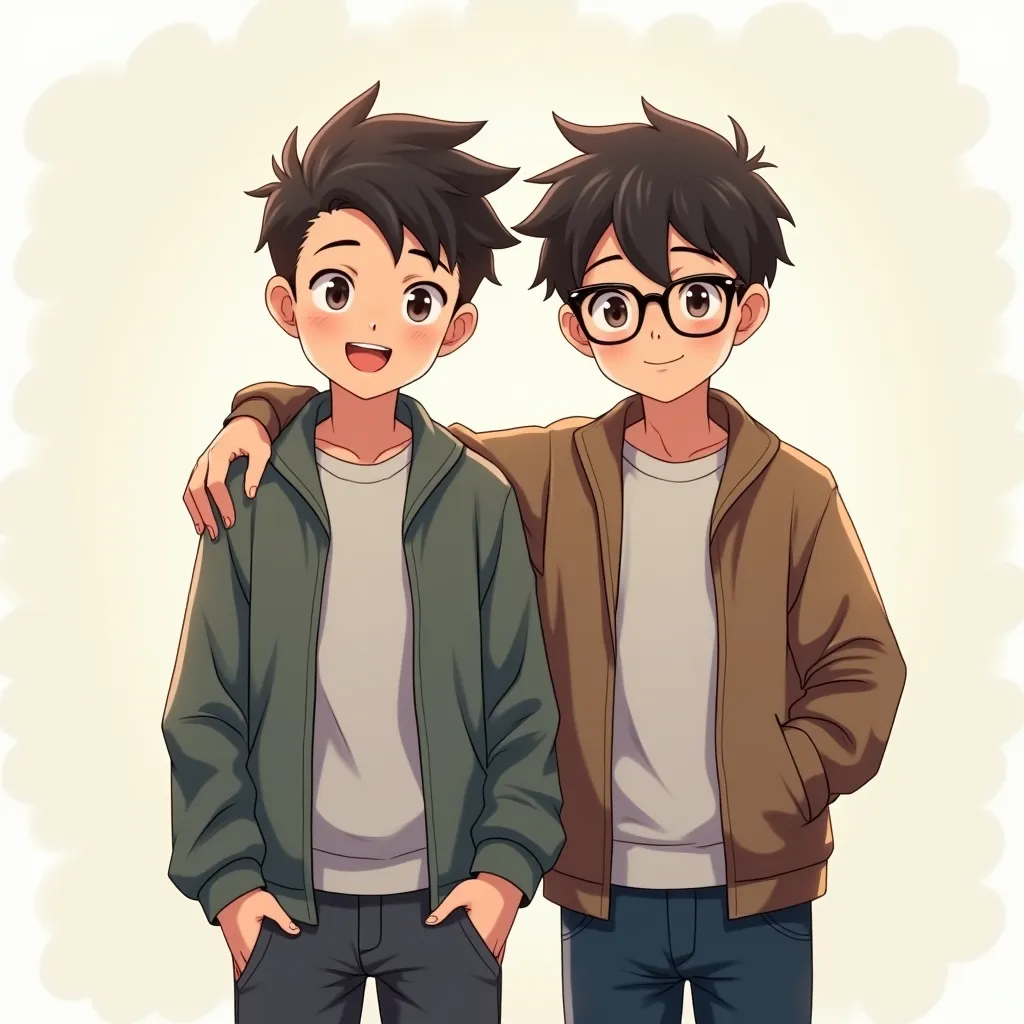 Create an image of two brothers facing forward standing side by side in casual clothes and an older tall brother's hand on their younger brother's shoulder with glasses against an anime-style background