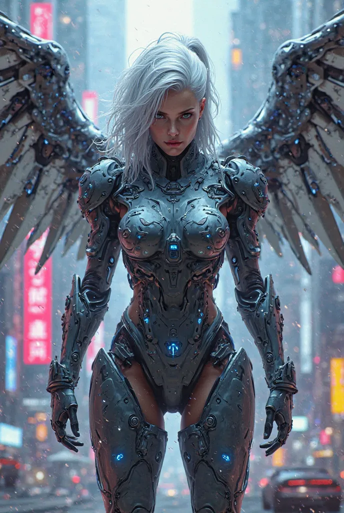 A fierce cybernetic female warrior with white hair, wearing sleek, high-tech battle armor with glowing accents. Her wings extend like mechanical blades, and she stands in a neon-lit futuristic city.