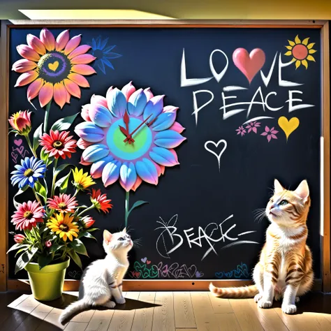 (graffiti on blackboard:1),(Chalk art:1.3),love &peace,flower, heart,break,Kitten in front of a blackboard, text: "antiwar",真っ暗な森,giant blackboard,Mirror clock