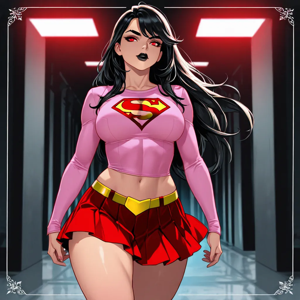 The image shows Lady Heart, , an imposing superhero aged 22 and 1. 90 m tall, whose athletic and seductive body is highlighted by a marked abdomen,  defined hips ,  sexy thighs, sculpted legs and large breasts. . Her long flowing black hair frames thick ey...