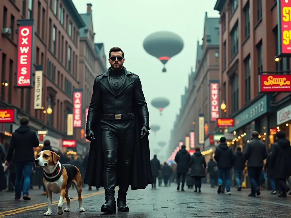 un futur dystopique, a superhero dressed in black,  a little round, With a beard and glasses, accompanied by a Beagle dog , They are walking on a street full of people, with brick buildings where a few neon signs are attached , sur les trottoirs, some tree...