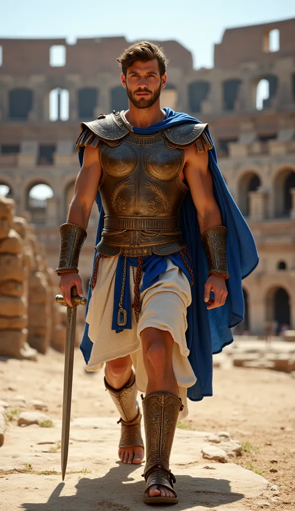 A strikingly handsome Greek young man, 20 years old, with a strong, muscular physique, walks forward with unwavering confidence in the vast, empty Colosseum arena of 264 BCE. His chiseled face exudes both charisma and fierce determination, embodying the sp...